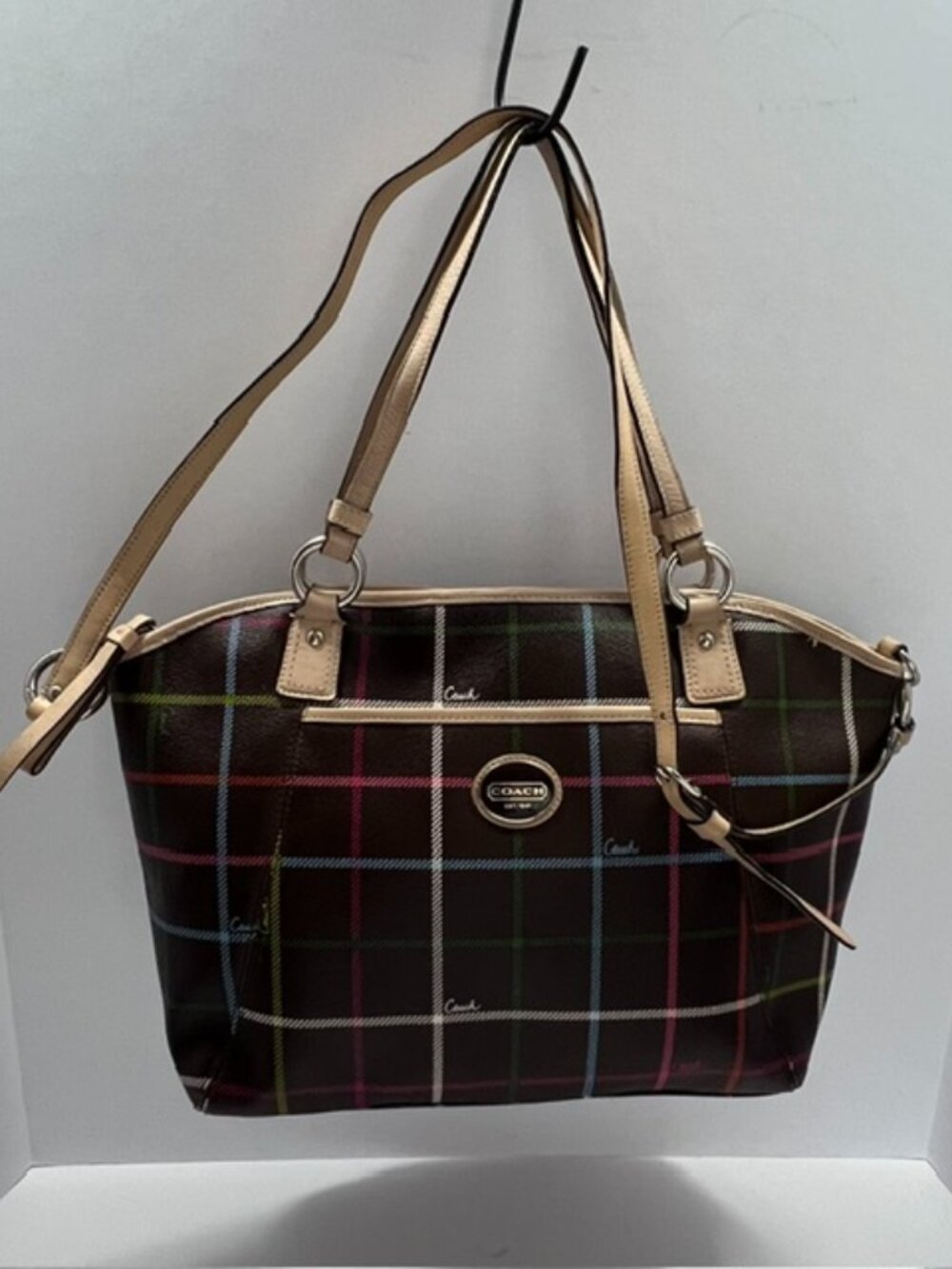 Coach Peyton Tattersall Leather Tote F24390 Shoulder Tote Bag (2013) Brown